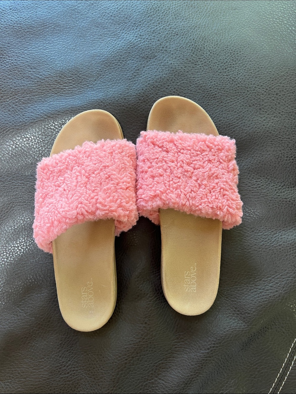stars above Pink Fuzzy Slide Slippers